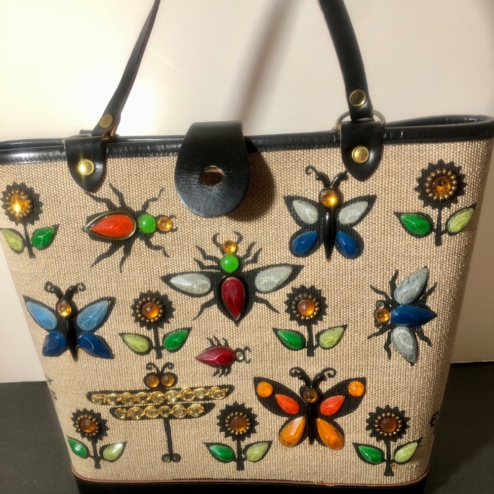 Enid Collins Jeweled Floral & Insect Embellished Tote in Natural and Black